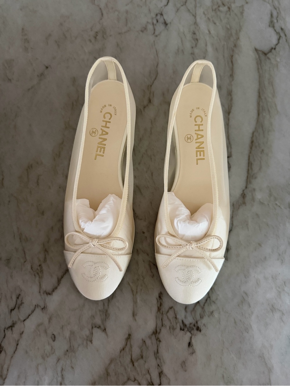 Chanel Ivory Mesh & Grosgrain Ballet Flats Size 37 - Picture 3 of 7